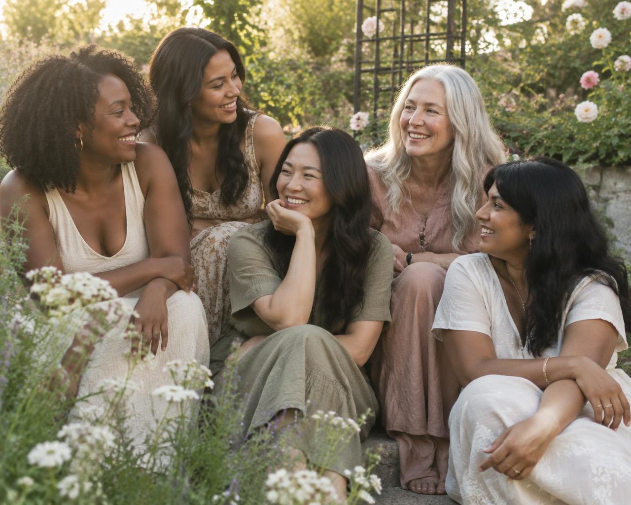 Five smiling women of different ages and backgrounds, including Black, Latina, Asian, White, and South Asian women, sitting together in a sunlit flower garden